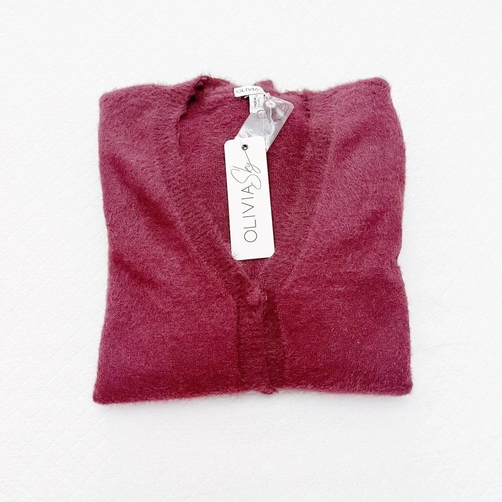 Olivia Sky Burgundy Sweater Button Down Knot Tie SZ S